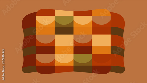 A handmade quilt composed of warm earthtoned fabrics that once graced the walls of a thrifted 1970s caravan.. Vector illustration