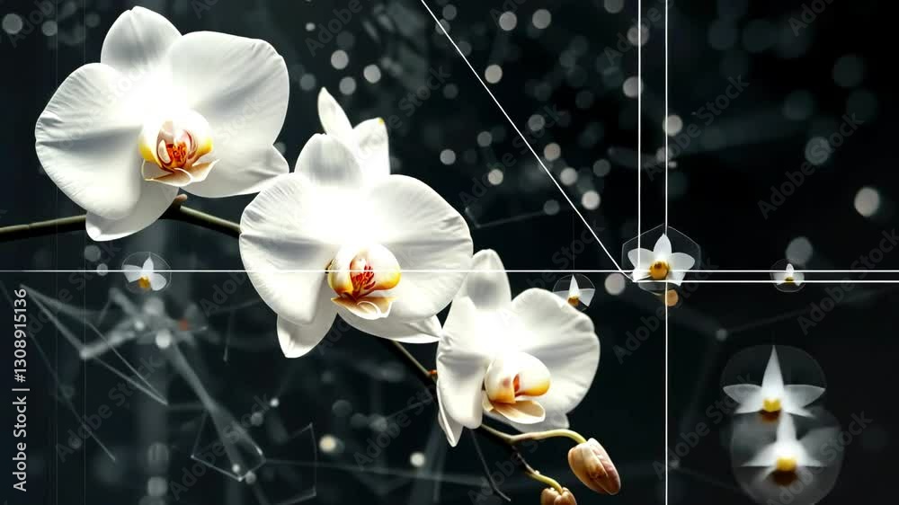White orchids with a delicate structure of lines and light points on a dark background, suggesting a scientific or digital theme
