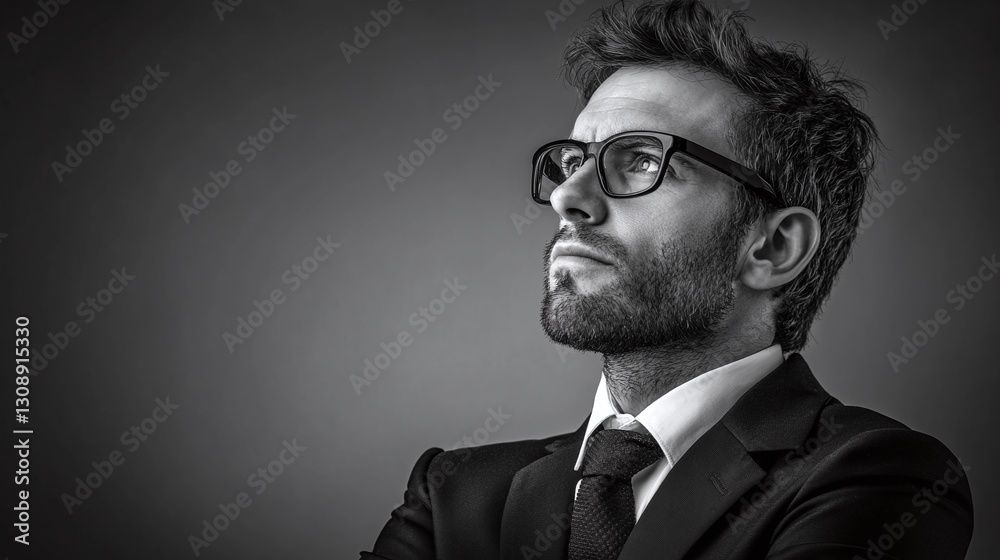 Obraz premium Confident man in suit and glasses, looking up with a determined expression. Monochrome portrait capturing ambition and a forward-thinking mindset.