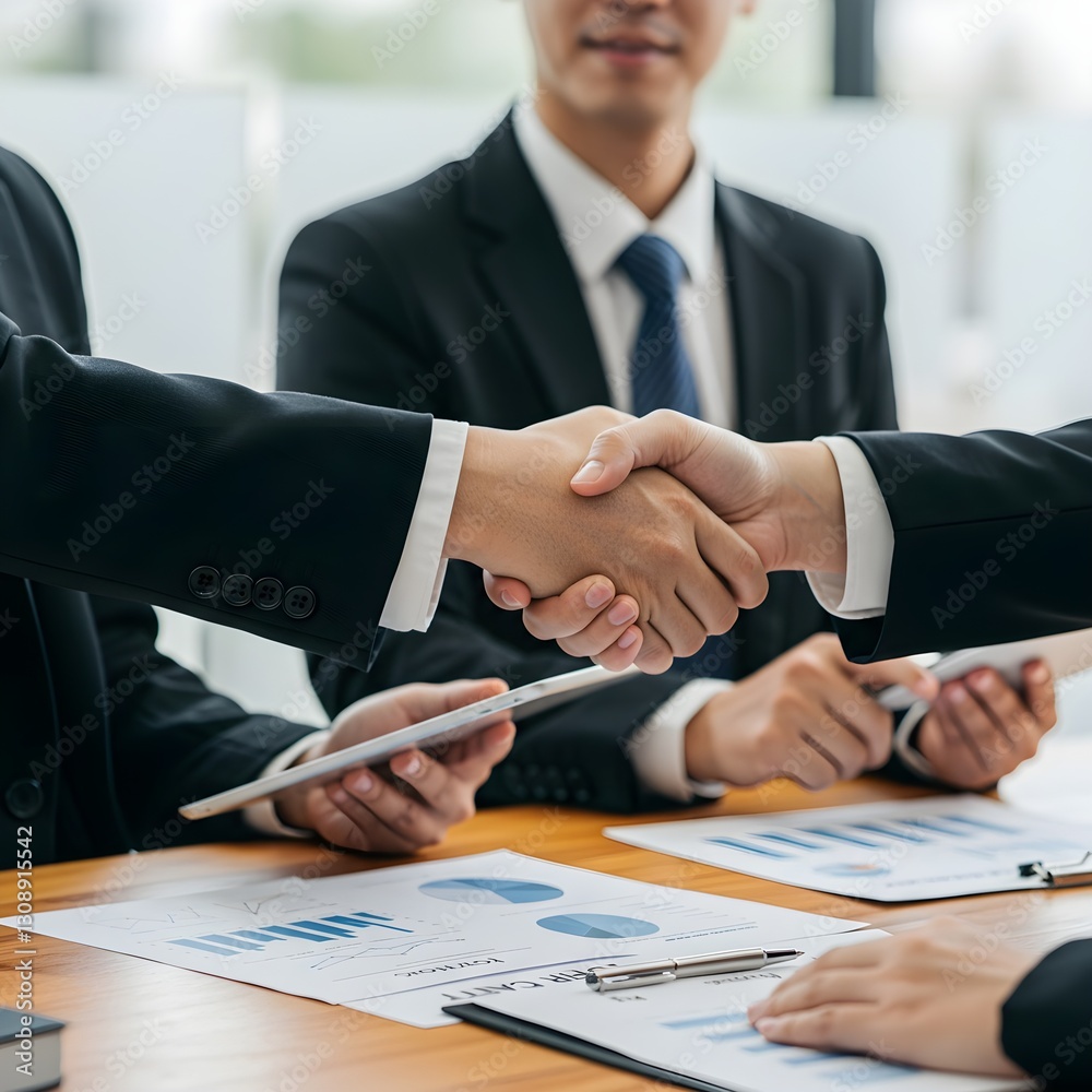 A professional business setting where two individuals in formal suits are shaking hands. A professional business setting where two individuals in formal suits are shaking hands.