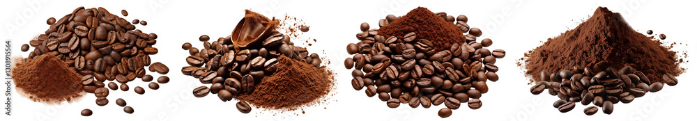 Coffee beans and ground coffee in different textures isolated on white background Coffee beans and ground coffee in different textures isolated on white background