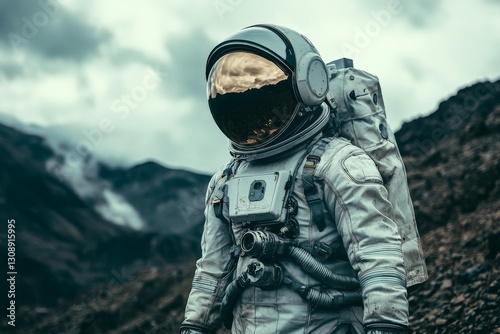 Astronaut exploring an alien landscape under dramatic clouds in a remote location