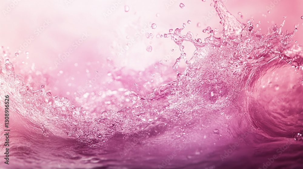 Fototapeta premium Pink water splash photography. The wave curls and sprays in mid-motion against a blurred pink background. Water droplets and energy are beautifully captured.