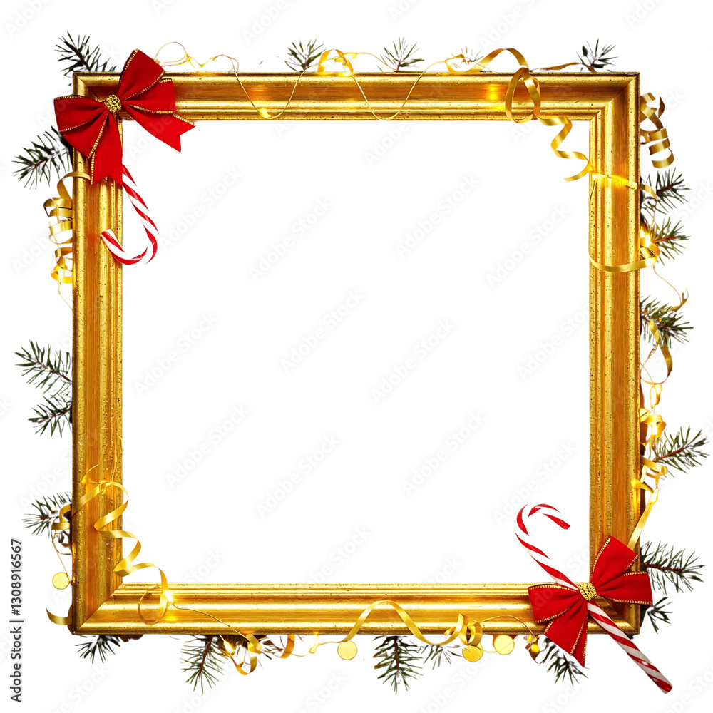 Obraz premium Festive Christmas background with red and gold decorations, beautifully wrapped gifts, fir branches and shiny ornaments. Perfect for holiday greetings, invitations, white background. PNG