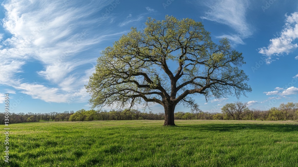 Obraz premium A beautiful tree stands on the grassy hill against a blue sky with a cloud-filled background.
