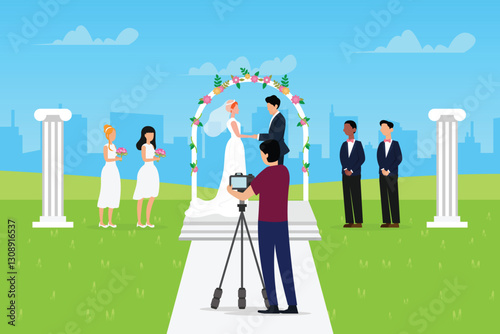 Outdoor Wedding Ceremony with Photographer Capturing the Moment 2d flat vector illustrations