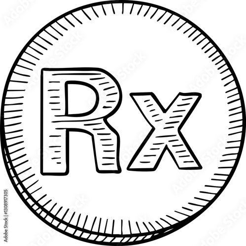 A simple illustration of a circular emblem featuring the letters "Rx," commonly associated with prescriptions and pharmaceuticals.