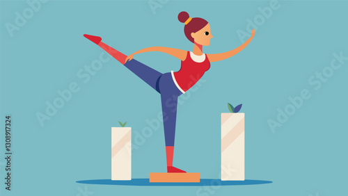 A difficult onelegged stunt where the flyer is held in a thigh stand position by her bases showcasing her strength and trust in her team.. Vector illustration