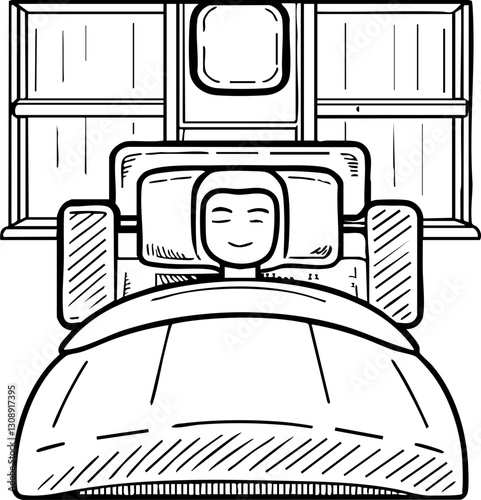 A cozy, cartoonish illustration of a person resting in bed, surrounded by a simple bedroom environment.