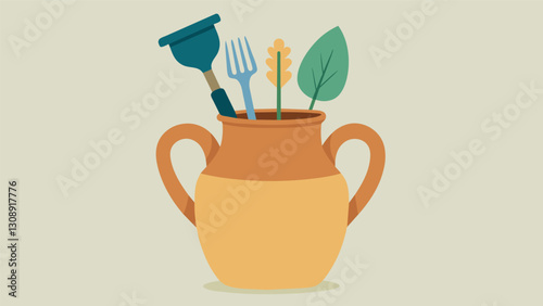 A large ceramic jug once used for collecting rainwater now holds a variety of vintage gardening tools and adds a touch of farmhouse charm to any. Vector illustration