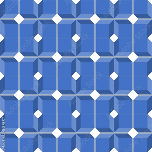 Blue tone cube 3D seamless repeat pattern, replete image design for fabric printing or wallpaper, blue abstract wall, checkerboard boxes