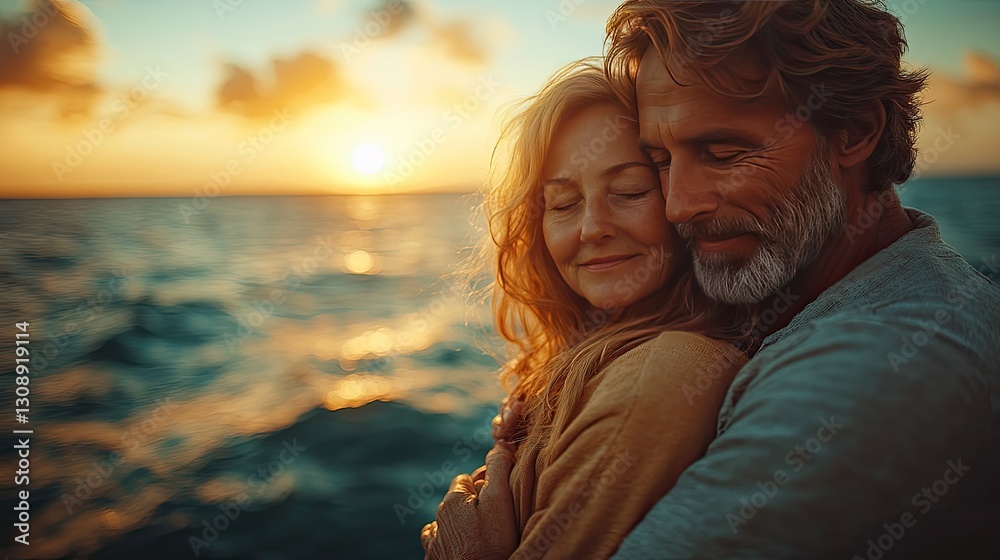 An elderly couple stands together by the beach, enjoying a warm moment. An elderly couple stands together by the beach, enjoying a warm moment.