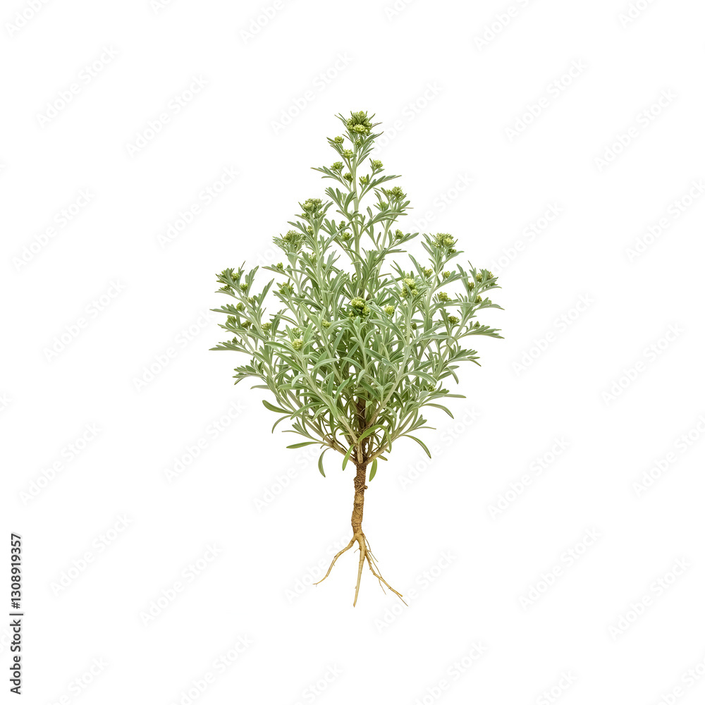 Silvermound artemisia plant showing roots and stem on white background Silvermound artemisia plant showing roots and stem on white background