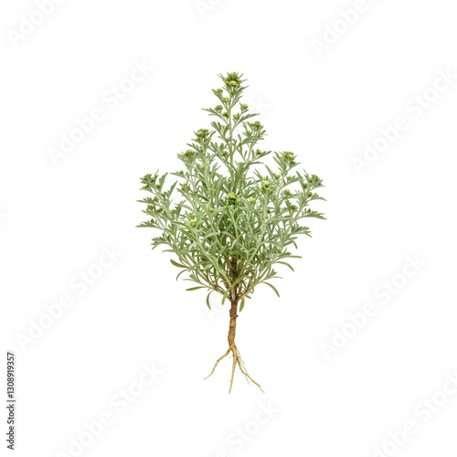 Silvermound artemisia plant showing roots and stem on white background