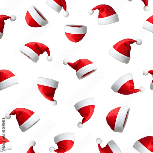 Christmas santa claus hats floating on white background seamless pattern