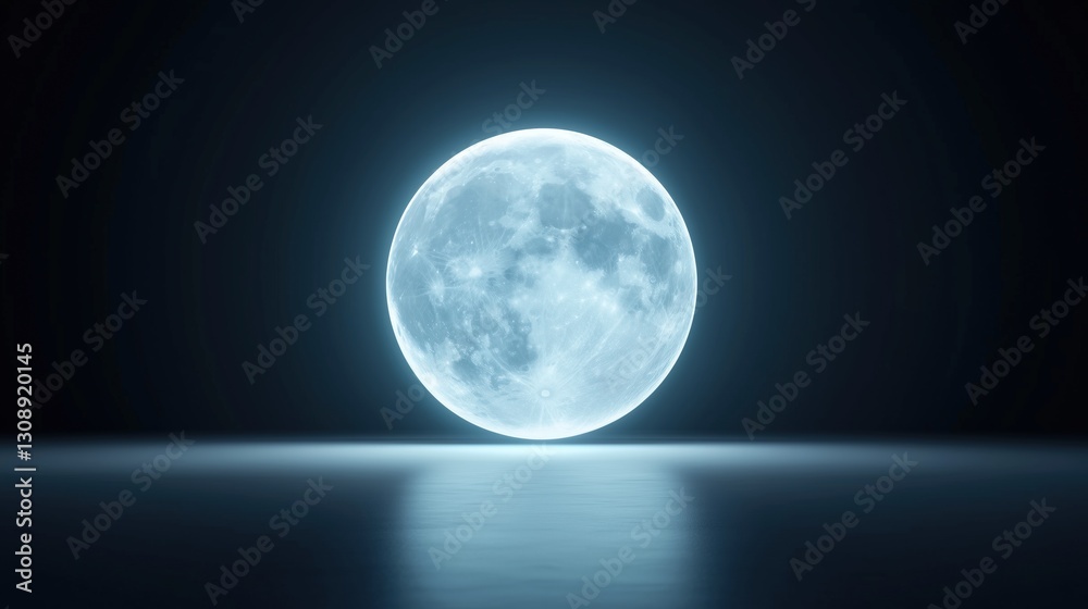 Glowing blue full moon over reflective surface in dark atmosphere. Cosmic and mysterious scene Glowing blue full moon over reflective surface in dark atmosphere. Cosmic and mysterious scene