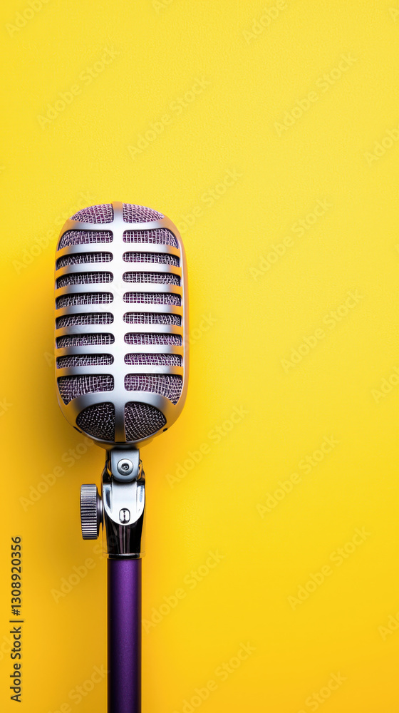 Fototapeta premium Tech Talk Podcast with Muted Backdrop for Professional Look, Retro microphone on vibrant yellow background