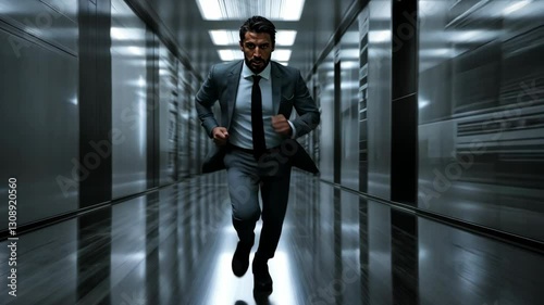 Wallpaper Mural Businessman in a suit runs through a modern office corridor under dramatic lighting Torontodigital.ca