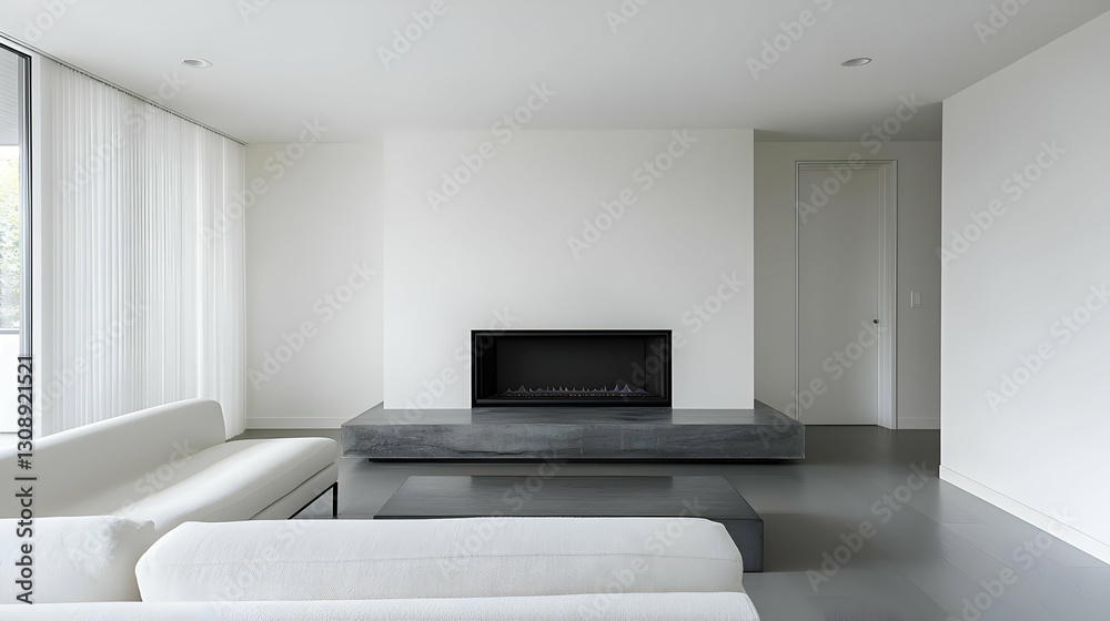Fototapeta premium Modern Minimalist Living Room Interior with Fireplace Sofa and White Walls
