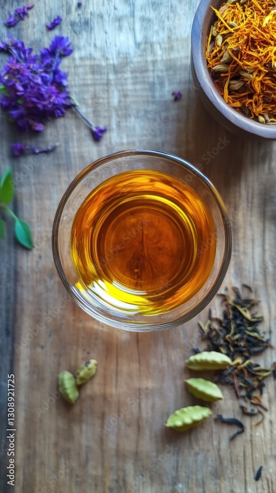 Fototapeta premium A refreshing cup of tea with various complementary ingredients shown