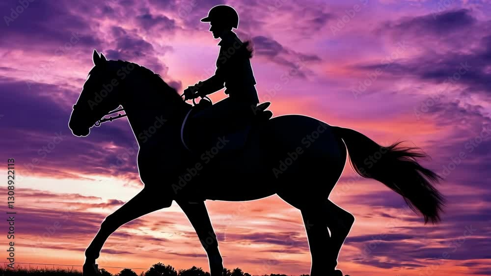 Equestrian rider on horseback during sunset with colorful sky in the background