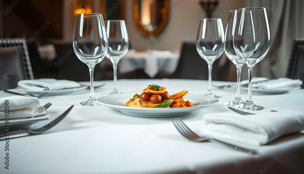 Elegant Restaurant Table Setting with Appetizer and Wine Glasses Ready for Dinner Elegant Restaurant Table Setting with Appetizer and Wine Glasses Ready for Dinner