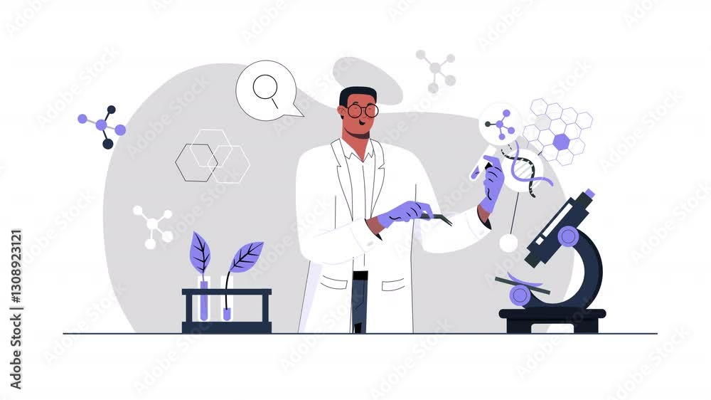A futuristic flat-style animation illustrating biotechnology research, DNA sequencing, and medical advancements. A futuristic flat-style animation illustrating biotechnology research, DNA sequencing, and medical advancements.