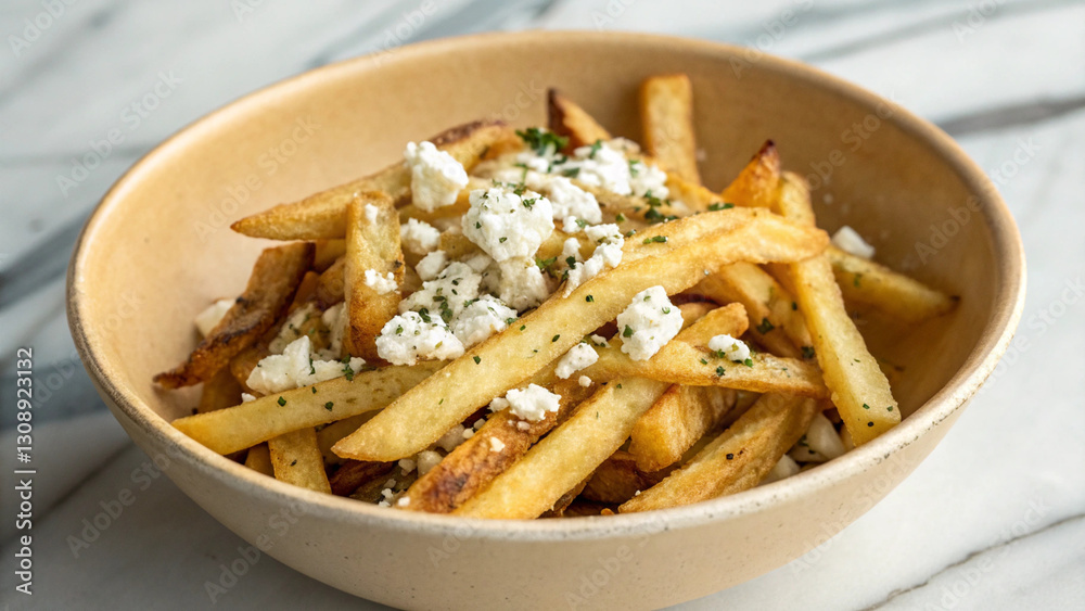 Bowl of hot chips with sprinkled feta cheese Bowl of hot chips with sprinkled feta cheese