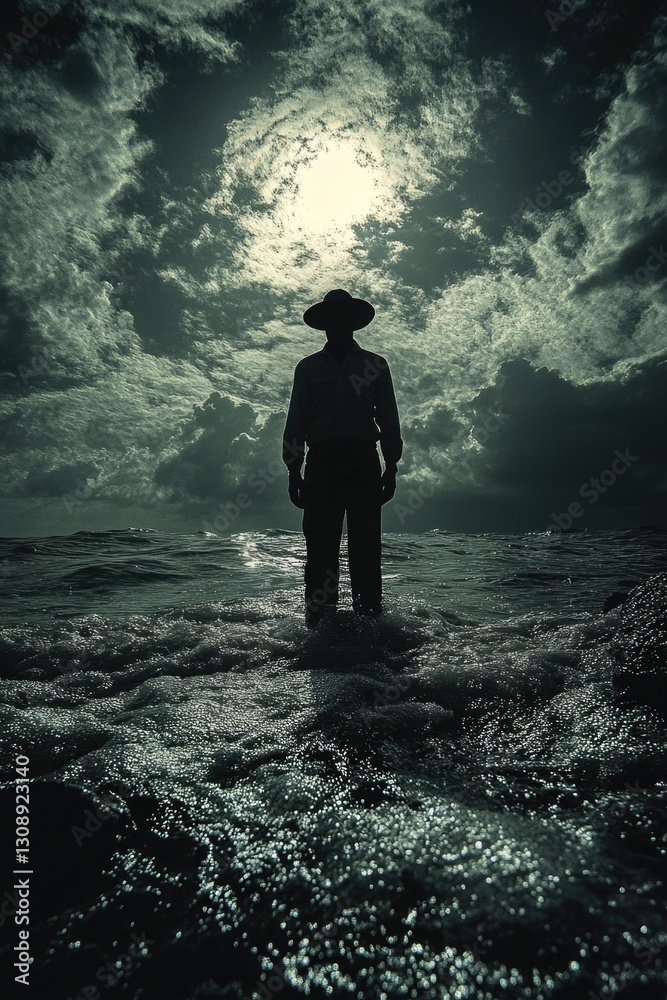 Fototapeta premium A person standing in the ocean wearing a hat, great for use as a background or illustration for beach-themed projects