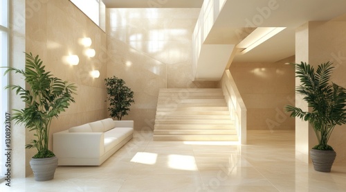 Modern beige lobby with stairs, plants, and sofa. photo