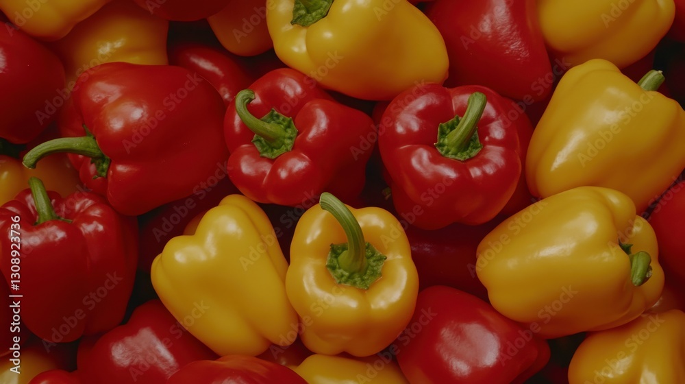 A bunch of red and yellow peppers are piled on top of each other A bunch of red and yellow peppers are piled on top of each other
