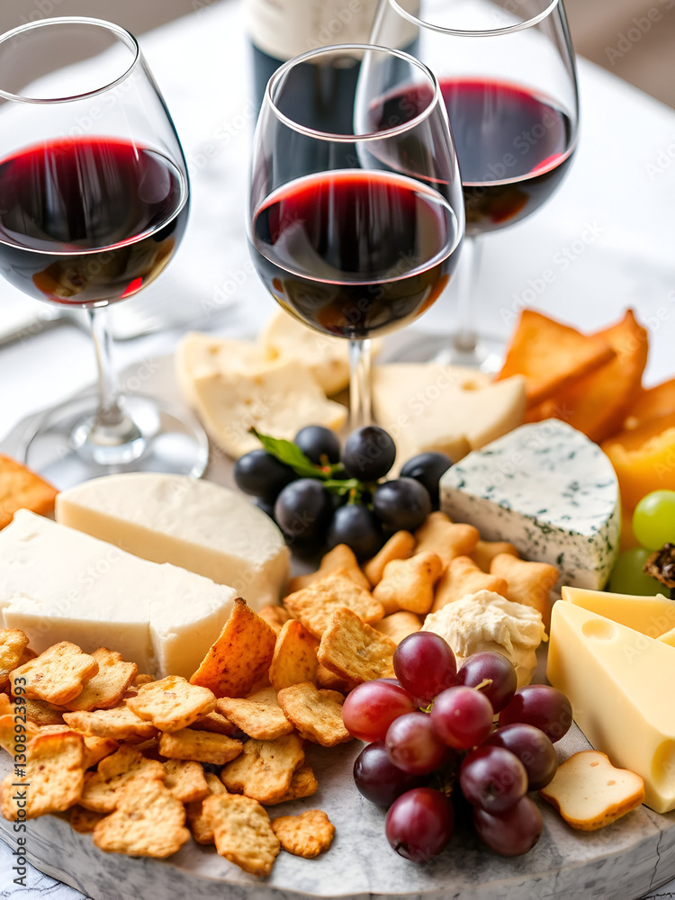 Indulge in a sophisticated spread featuring various cheeses, grapes, and crunchy snacks, perfectly accompanied by glasses of rich red wine for a delightful gastronomic experience. Indulge in a sophisticated spread featuring various cheeses, grapes, and crunchy snacks, perfectly accompanied by glasses of rich red wine for a delightful gastronomic experience.