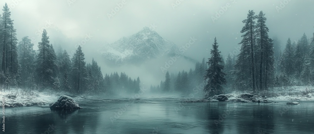 Fototapeta premium A serene scene of a river flowing through a valley surrounded by a majestic mountain range