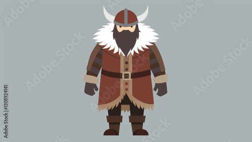 A leather Viking tunic with fur trim and matching trousers paired with a furlined cloak and horned helmet.. Vector illustration
