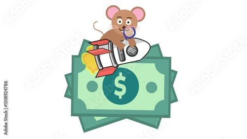 Wallpaper Mural Mouse on rocket with money in a cartoon animation. Business startup symbol. Alpha channel. Seamless looping. Financial growth research icon. Torontodigital.ca