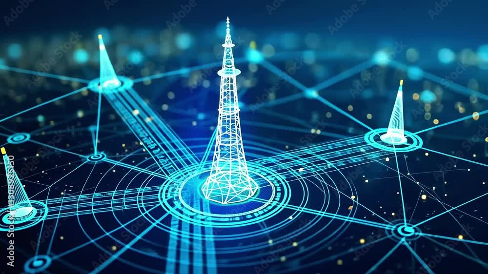 Digital representation of a communication tower surrounded by glowing network connections and data points