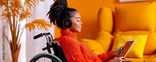 Woman Enjoying Music in Wheelchair with Tablet in Orange Room Relaxing Content Creation