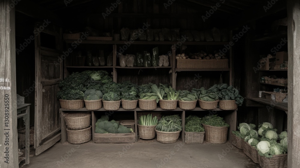 Fototapeta premium A small market with baskets of vegetables and greens
