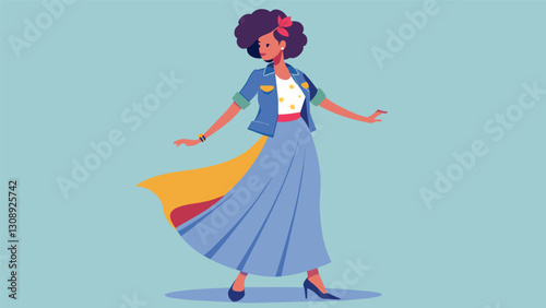 A model twirling in a vibrant maxi skirt with a tiedup graphic tee styled with a vintage denim jacket and statement earrings.. Vector illustration