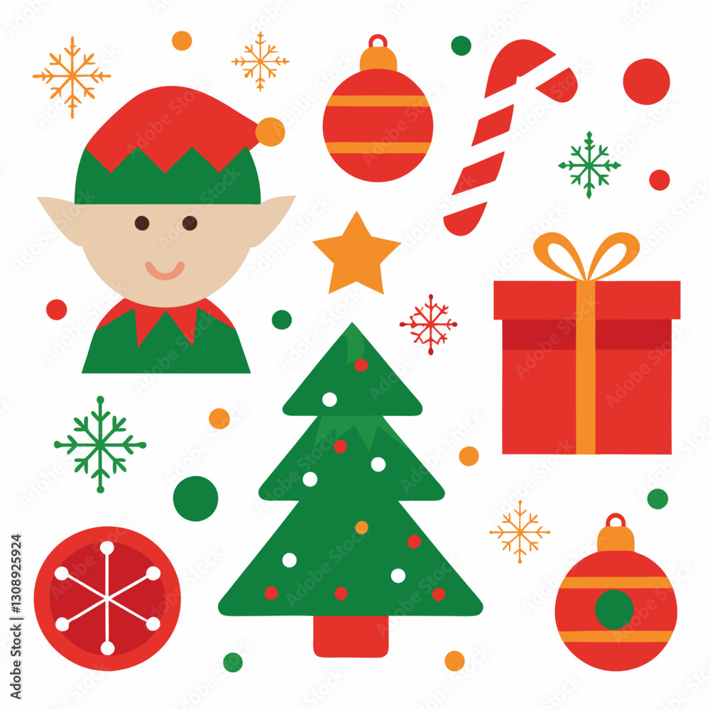 Christmas icons, festive clipart, cartoon elf, Christmas tree, Christmas elements set Christmas icons, festive clipart, cartoon elf, Christmas tree, Christmas elements set