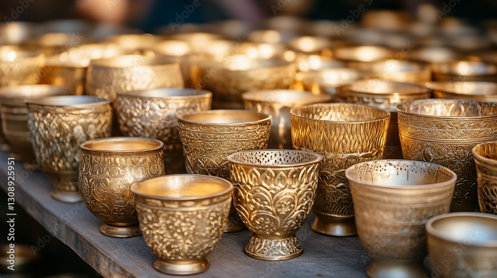 Golden goblets displayed market stall, blurred background Golden goblets displayed market stall, blurred background