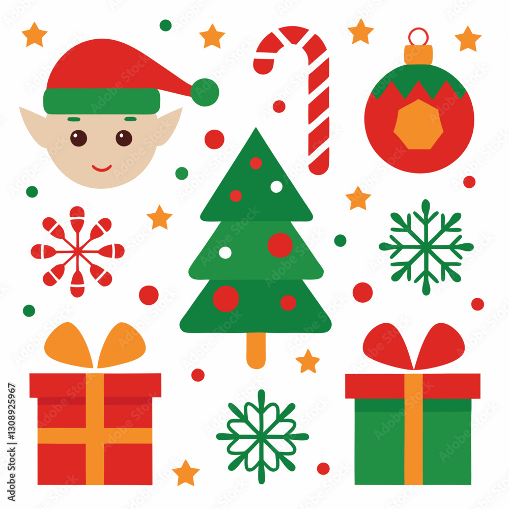 Naklejka premium Christmas icons, festive clipart, cartoon elf, Christmas tree, Christmas elements set