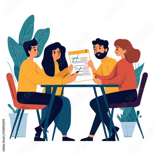 flat illustration, Three people are conducting questionnaire interviews, white background

