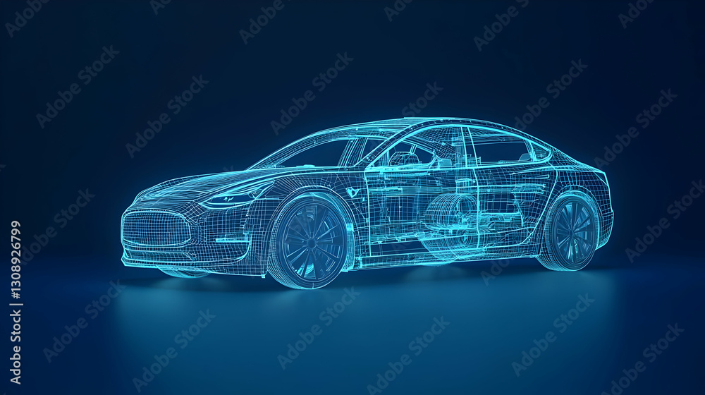 Naklejka premium Blue Illuminated Digital Car Representation on Dark Blue Background for Transportation and Technology Concepts