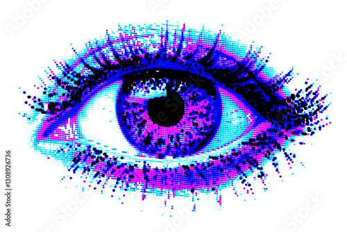 Female eye with halftone pop art effect. An AI image was used as the basis.