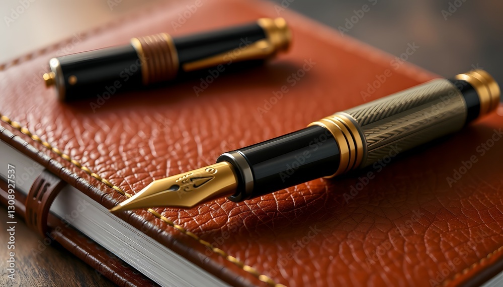 Fountain Pens on Leather Notebook Closeup for Writing and Business Concepts Fountain Pens on Leather Notebook Closeup for Writing and Business Concepts