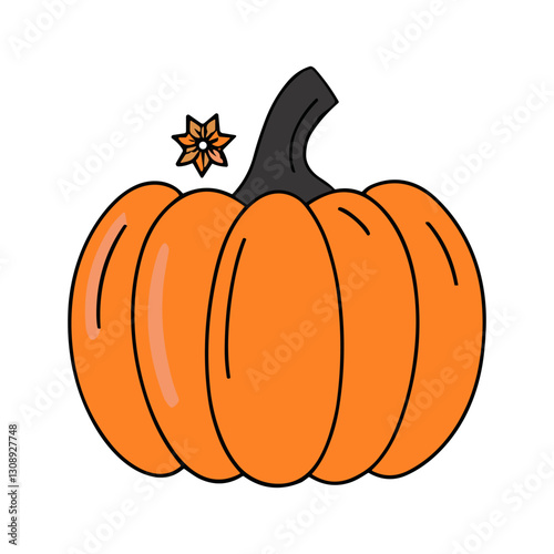 A colorful vector illustration of a plump orange pumpkin with a small flower accent