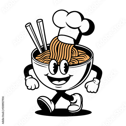 Retro cartoon character chef happily serving noodles in a bowl with chopsticks, showcasing a playful and fun vibe