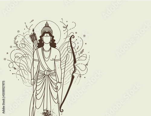 Ram Navami festival,banner, the ram is holding bow and arrow in hand, line art minimal style in white background,