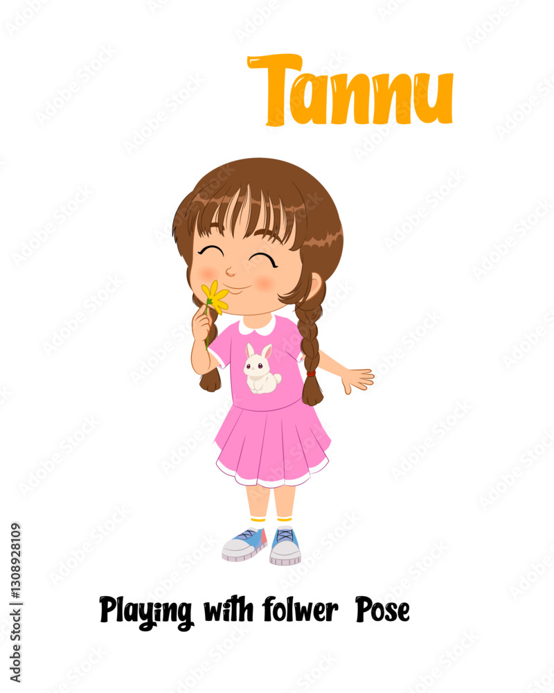Girl Smelling Flowers Vector Cartoon Character | Little kid playing with yello flower Girl Smelling Flowers Vector Cartoon Character | Little kid playing with yello flower